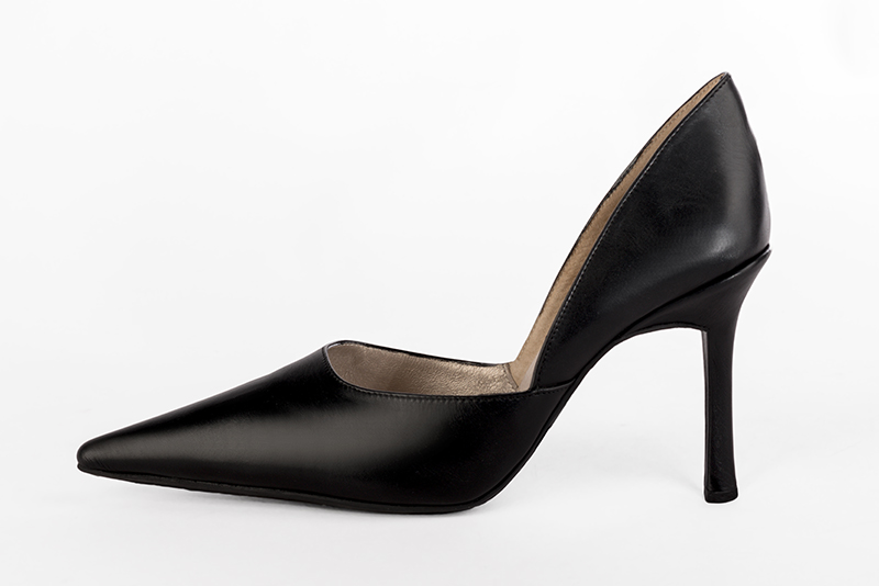 Satin black women's open arch dress pumps. Pointed toe. Very high slim heel. Profile view - Florence KOOIJMAN